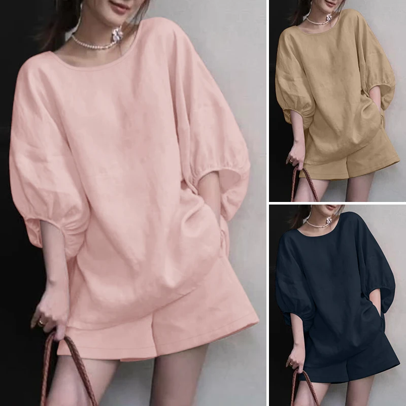 Sommer-Kurzsets 2026 ZANZEA Elegante 3/4-Ärmel Arbeitsbluse Lose Shorts Anzüge 2-teilig Damen Trainingsanzüge Lässige Einfarbige Passende Sets