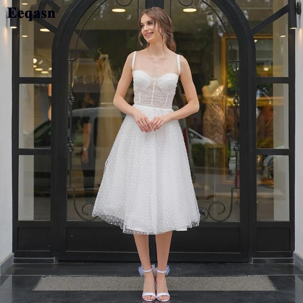 

Eeqasn Simple Polka Dotted Tulle Prom Dresses Short Sweetheart Tea Length Transparent A Line Graduation Gowns Party Formal Dress