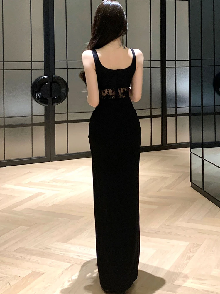 ผู้หญิงเกาหลีVINTAGE Hepburnชุดราตรี 2025 ลูกไม้สีดําHollow OUT Chic BANDAGEเซ็กซี่ชุดฤดูใบไม้ร่วงElegant Bodyconชุดราตรี