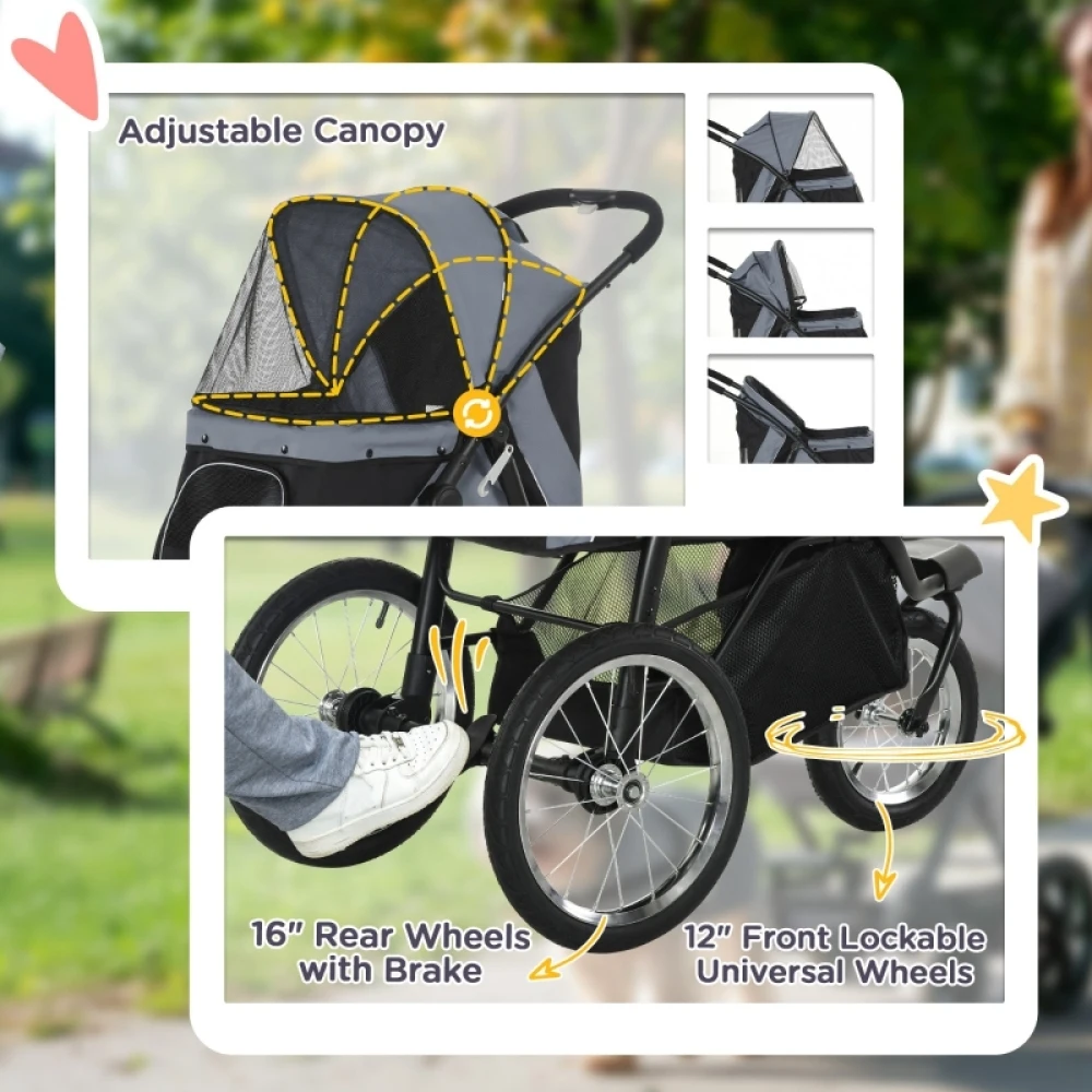 PINGGO Pet Stroller Jogger for Medium Small Dogs, Foldable Cat Pram Dog Pushchair with Adjustable Canopy, 3 Big Wheels, Grey