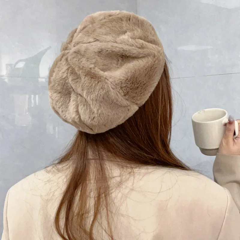 Korean Plush Beret Hats for Women Girls Autumn Winter Bonnet Hats Fashion Solid Color Faux Rabbit Fur Berets Ladies Elegant Caps
