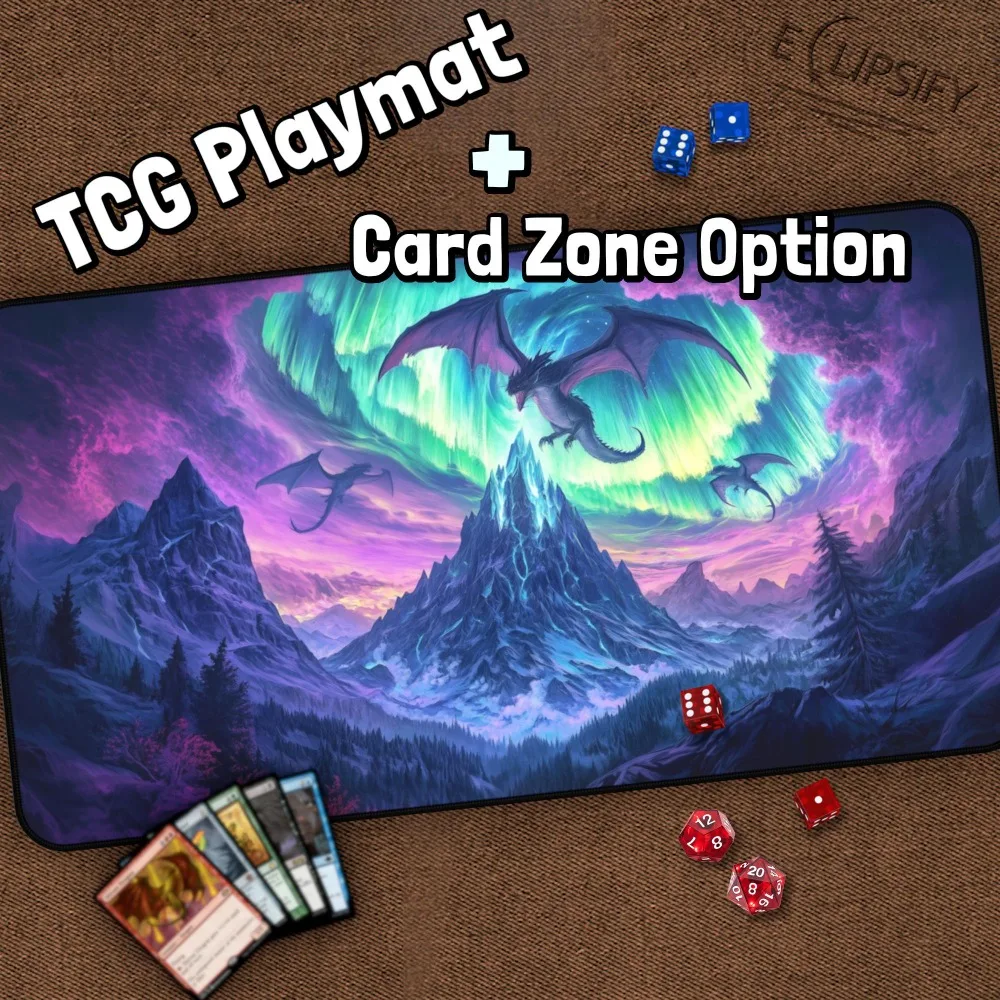 Dragons TCG Playmat, Magical Auroa Mountains, DragonCCG Play Mat With Zones, Fantasy Playmat, Gifts for Gamers, Board Game