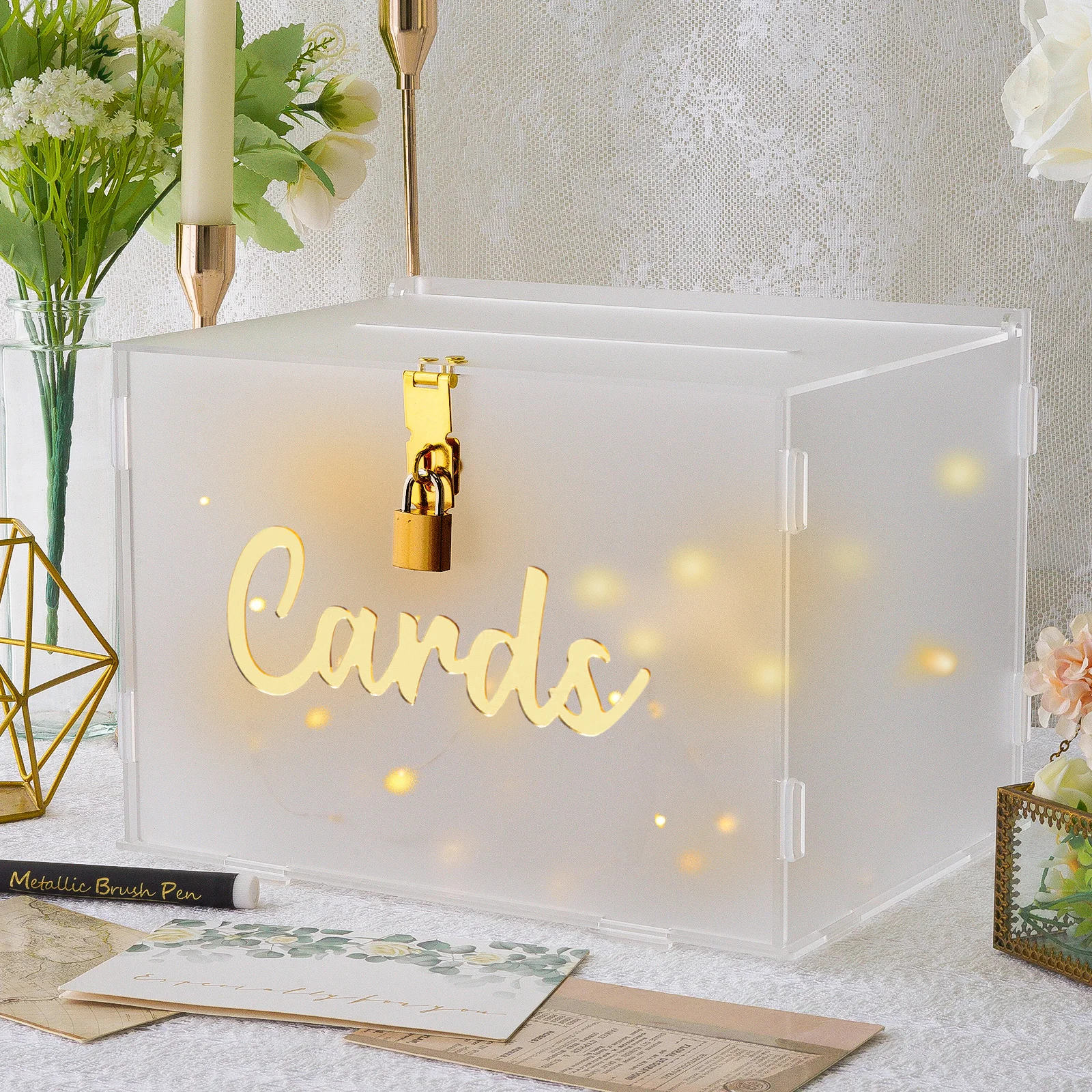 

OurWarm Frosted Acrylic DIY Wedding Card Box with Lock,with String Light and Pen,for Party Birthday Graduation Baby Shower Decor