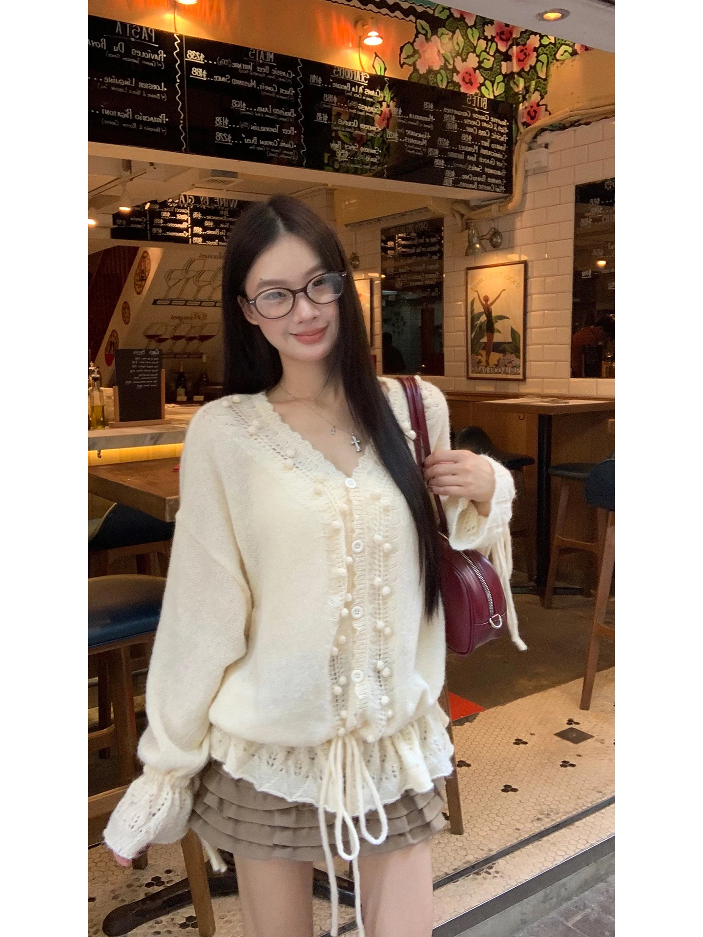 

Red Celebri Wool Knitted Open Cardigan Women's Korean Sle Early Autumn Outfit Loose Lace Personali Sweater Jaet