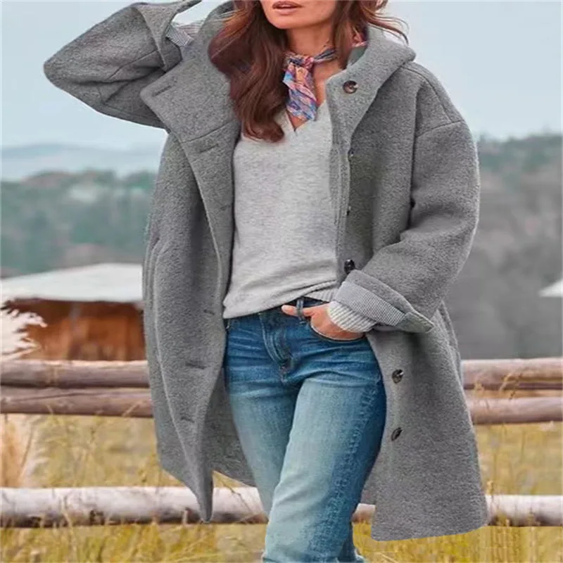 Hot selling women\'s long sleeved long hooded woolen casual style loose fitting coat in autumn and winter foreign trade