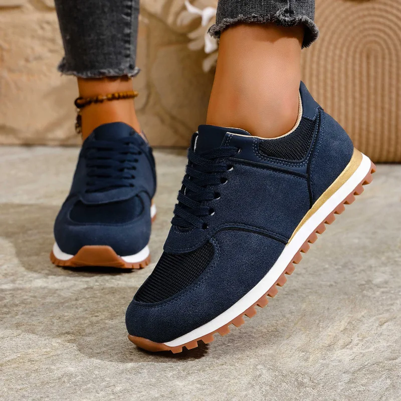 Kids Navy Blue Faux Suede Mixed Patchwork Retro Jogger Sneakers Autumn Large-size New Round Head Lace-up Casual Sports Shoes