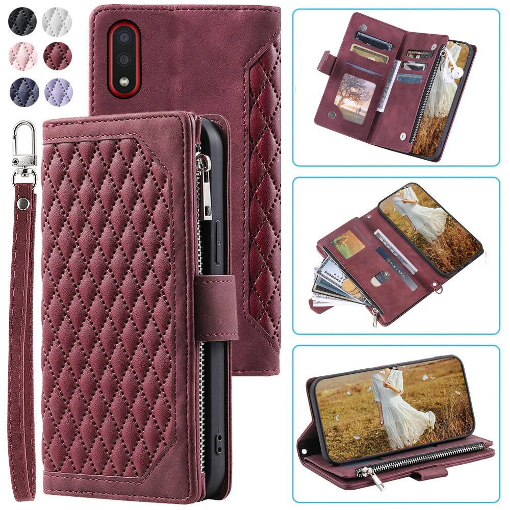 

Fashion Zipper Wallet Case For Samsung Galaxy A01 Flip Cover Multi Card Slots Cover Phone Case Card Slot Folio with Wrist Strap