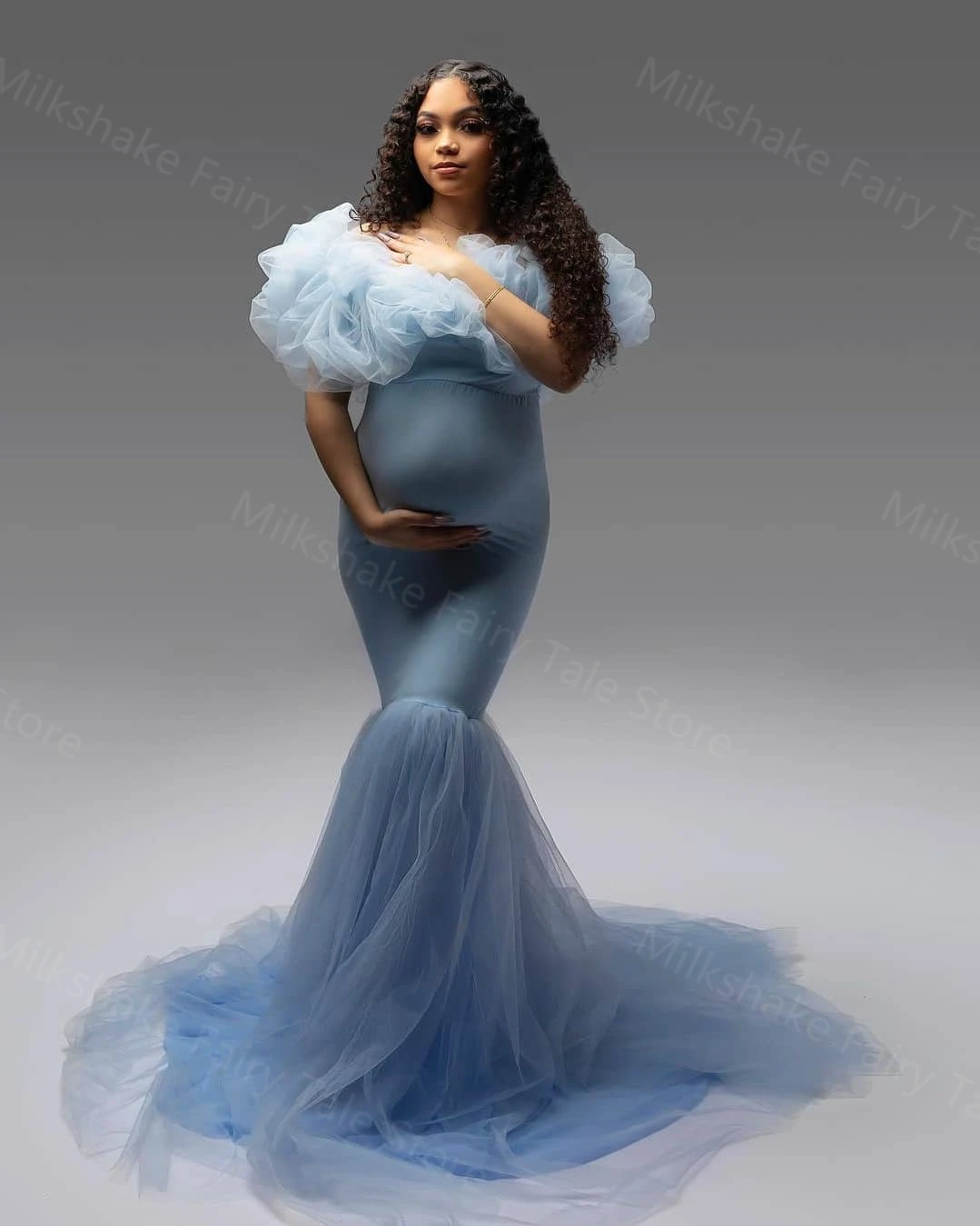 Elegant Blue Mermaid Maternity Dresses Puffy Ruffles Pregnant Women Gown for Photoshoot Off The Shoulder Pregnancy Babyshower