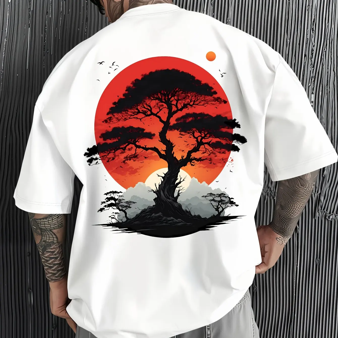 Japanese Red Sun Pine Mountain Bird Back Print T-shirt Oriental Landscape Zen Aesthetic Unisex White Cotton Oversized Tee