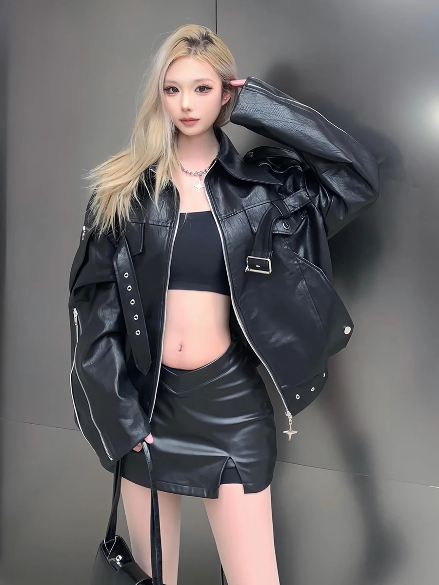 RORORIRI Women Zipper Black Cropped Leather Jacket Moto Deconstructed Eyelets Decor Belt Jacket Coat Retro High Street Outerwear