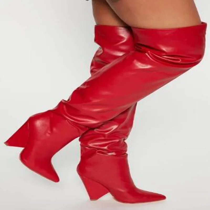 สุภาพสตรีสีขาว Apricot สีแดงหนังนุ่ม Pointed Toe Spike Heels กว่าเข่าบู๊ทส์ฤดูหนาวผู้หญิงรองเท้าส้นสูงรองเท้าบูทยาวขนาด 44