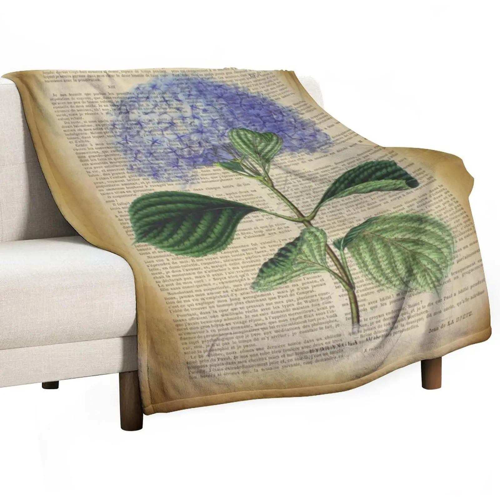 Botanical print, on old book page - Blue Hydrangea flowers Throw Blanket Camping Luxury Brand Blankets