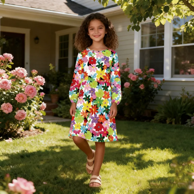 

2025 girls' colorful floral full-print long-sleeved dress