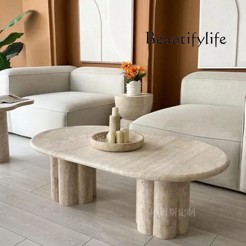 

Wabi Sand Wind Light Luxury Natural Travertine Coffee Table Modern Simple Model Room Small Unit Rectangle Coffee Table