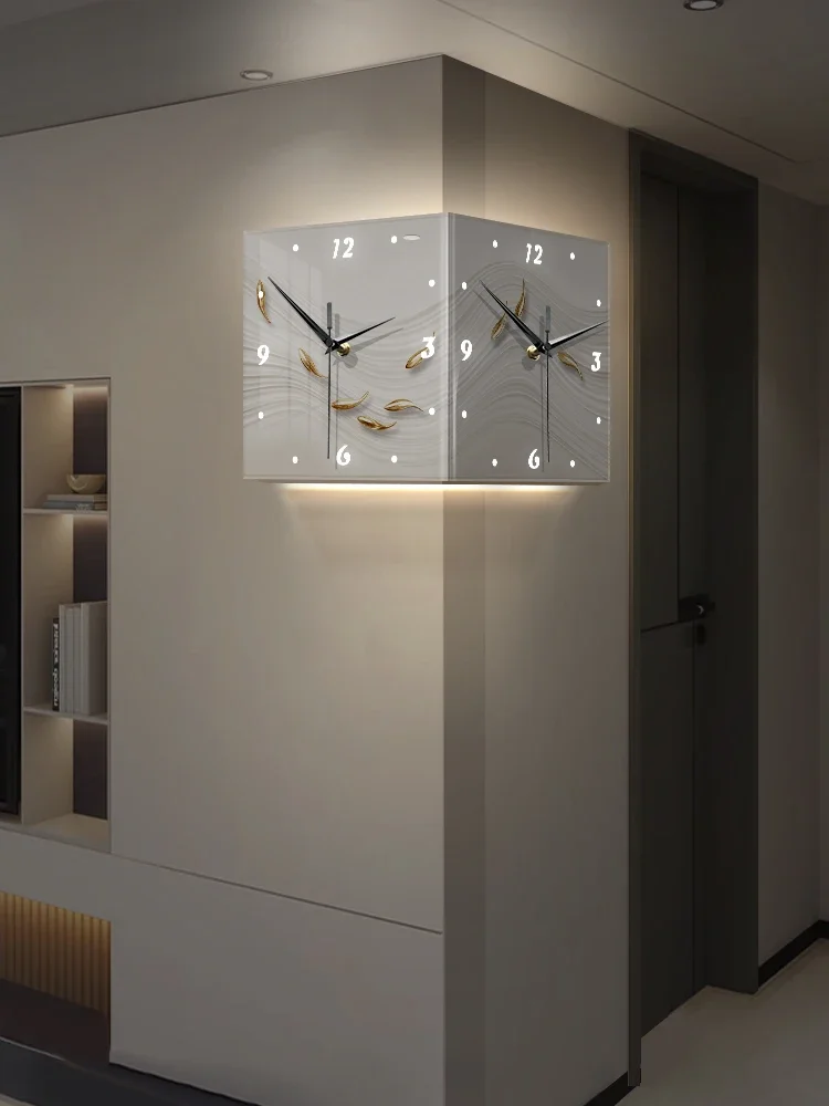 

Perforated living room double-sided corner clock, modern simple and silent creative clock, luminous wall lamp clock