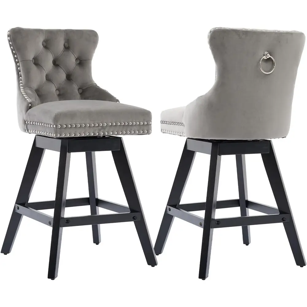 

Набор из 2 вращающихся барных стульев из велюра, обитые стулья для барной стойки с пуговичной стежкой на спинке, отделкой заклепками, ножками из массива дерева, 26 дюймов.