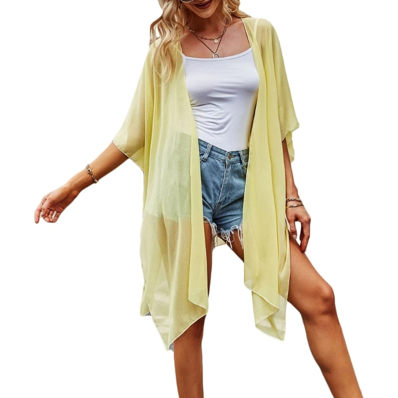 2024 New All-matching Swimsuit Cover Up for Women Solid Open Front Casual Cardigan with Tassels Short Sleeves Kimono Beachwear