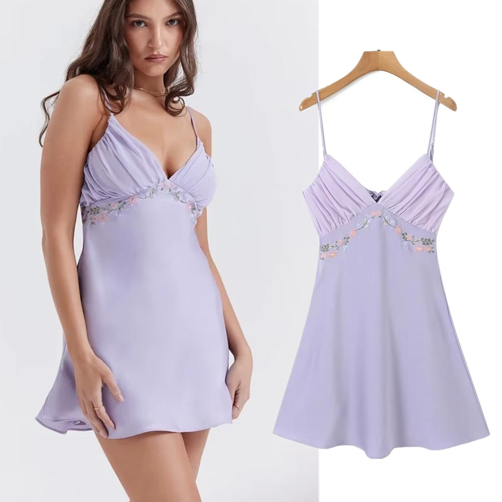 

Dave&Di French Fashion Ladies Satin Stitching Sexy Mini Elegant Skirt Purple Flower Embroidered Sling Dress Women