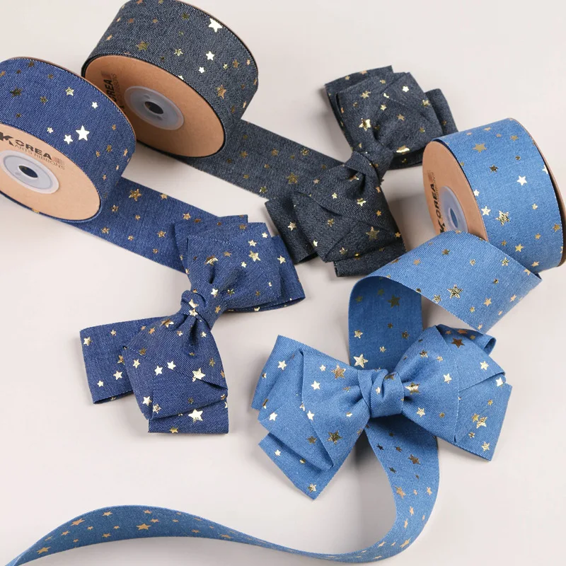 Denim Ribbon With Gold Star Foild 25mm 40mm For Bows HairClip Headwear Layering Cloth Collar Jeans Thick Fabric Sewing Trim Tape