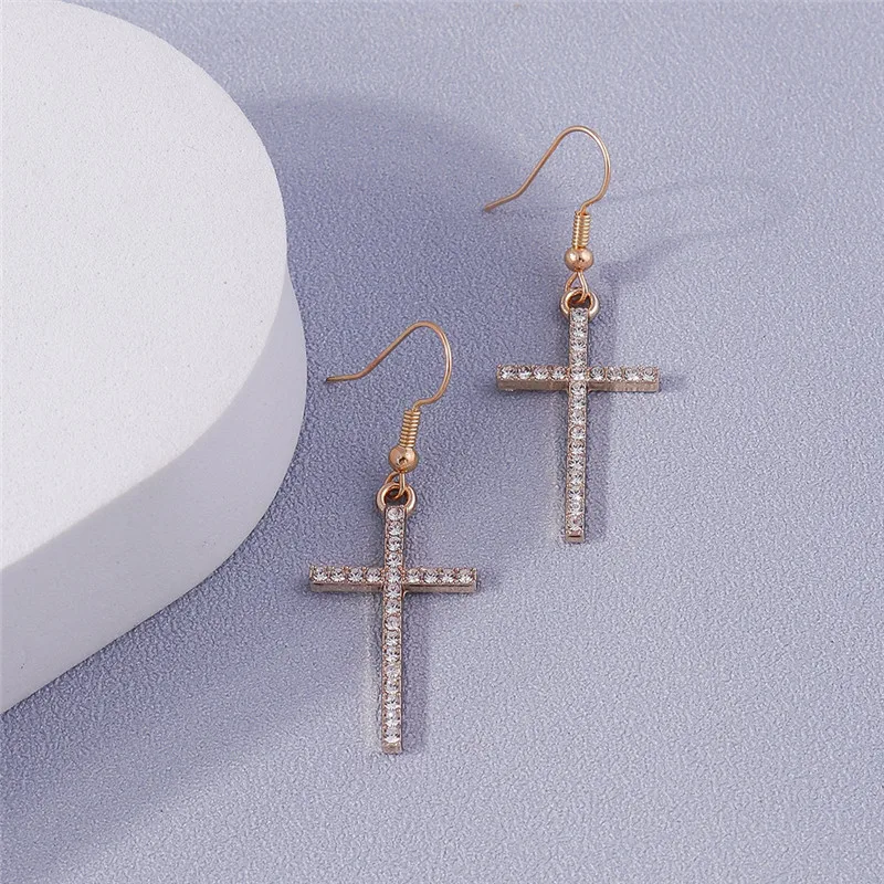 Fashion Zircon Crystal Cross Earrings for Women Men Gothic Punk Hip Hop Jesus Crucifix Dangle Earring Christian Party Jewelry