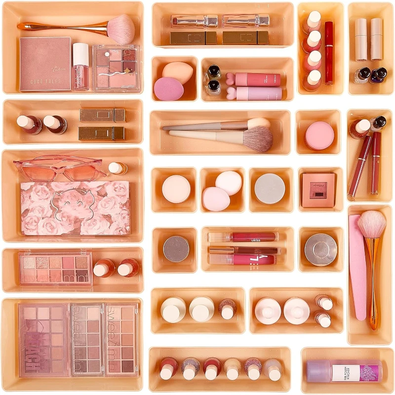 

25 PCS Plastic Drawer Organizers Set, 4-Size Versatile Organizer Trays for Makeup, Bedroom, Kitchen Gadgets Utensils and Office