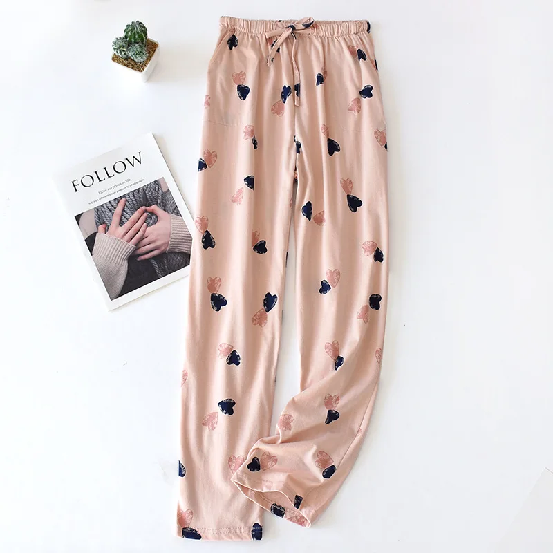 Sleep Bottoms Women Home Pants Autumn Printed Pajamas Pants Cotton Female Elastic Drawstring Wide Leg Trousers Loose Lounge Wear