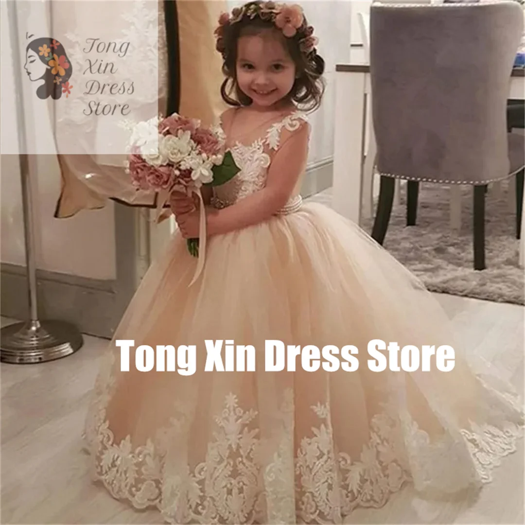 

Customized Lace Ball Gown Flower Girl Dresses Puffy Satin Bow Girl Princess Dresses Long Kids Communion Dresses