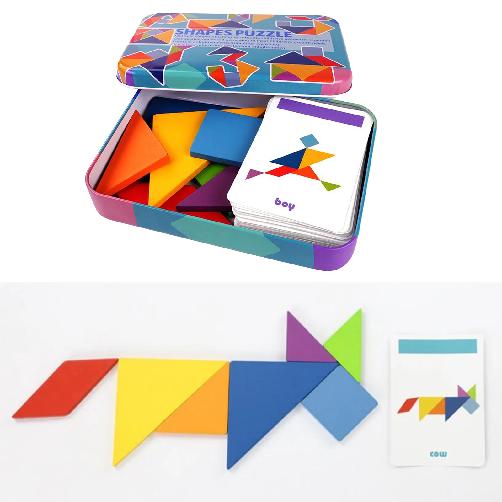 

Wooden Tangram Puzzle Montessori Pattern Block Stacking Challenge IQ Toy