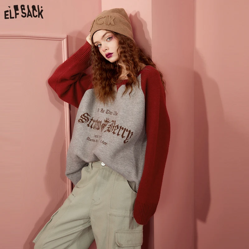 

ELFSACK Pullover Vintage Sweaters Women 2022 Winter Loose Long Sleeve Knitwears