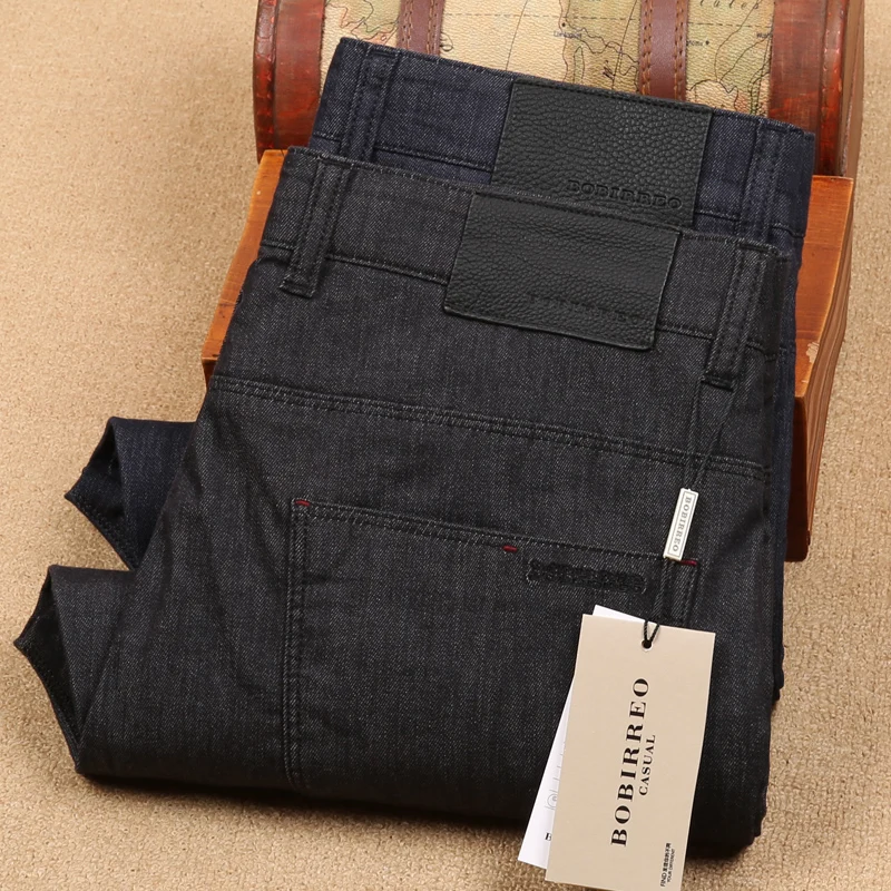 

Slim Fit Straight Leg Cotton Denim Jeans Breathable Lightweight Summer Business Casual Men's Long Trousers