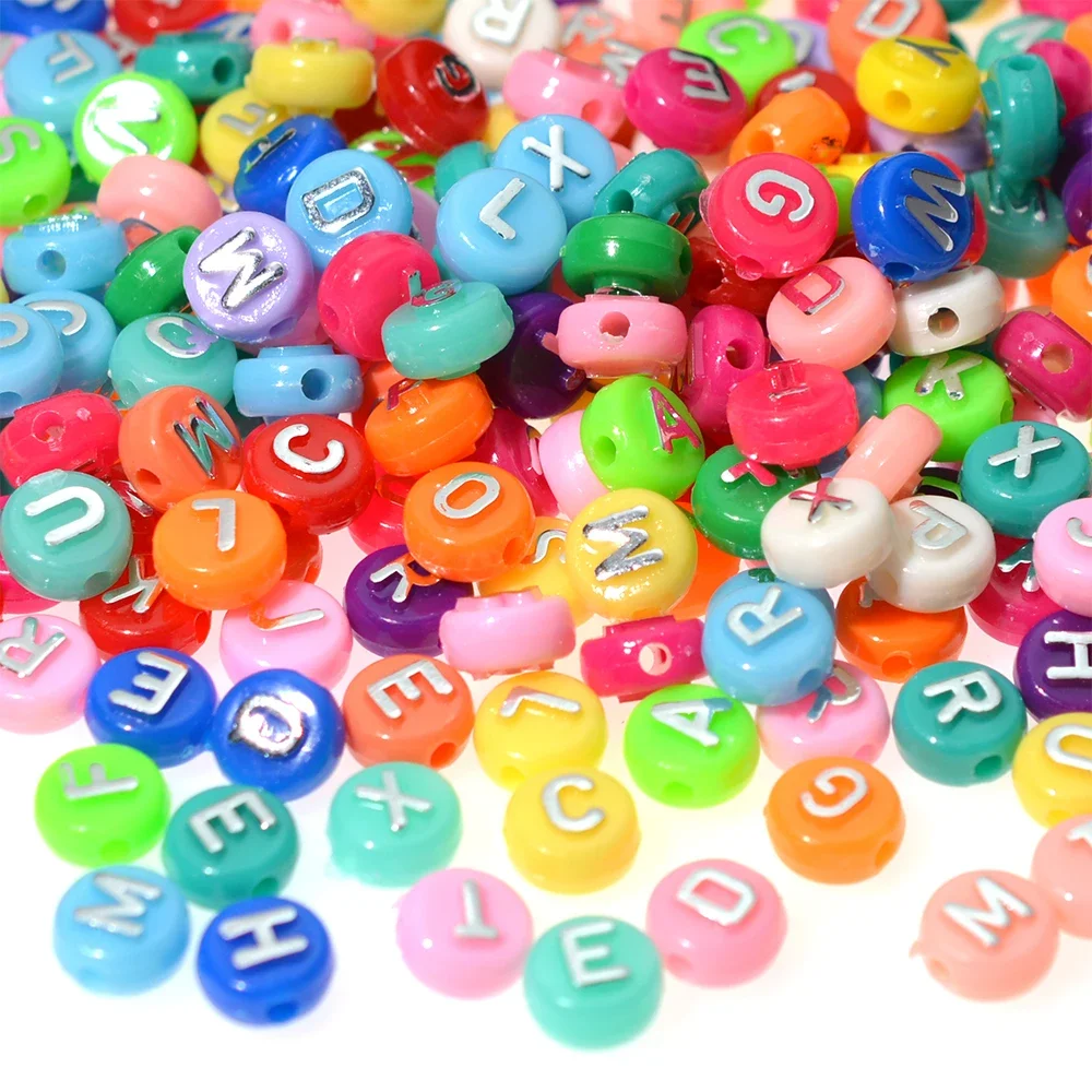 10mm Colorful Acrylic Letter Beads Round Flat Convex Sliver Color Mixed Alphabet DIY Necklace Bracelet Jewelry Making Needlework