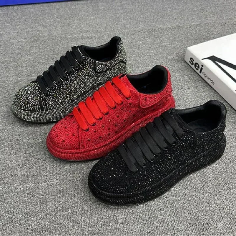 Luxury Designer Fashion Men's Red Black Rhinestone Platform Shoes Causal Flats Moccasins Male Sneakers Espadrilles