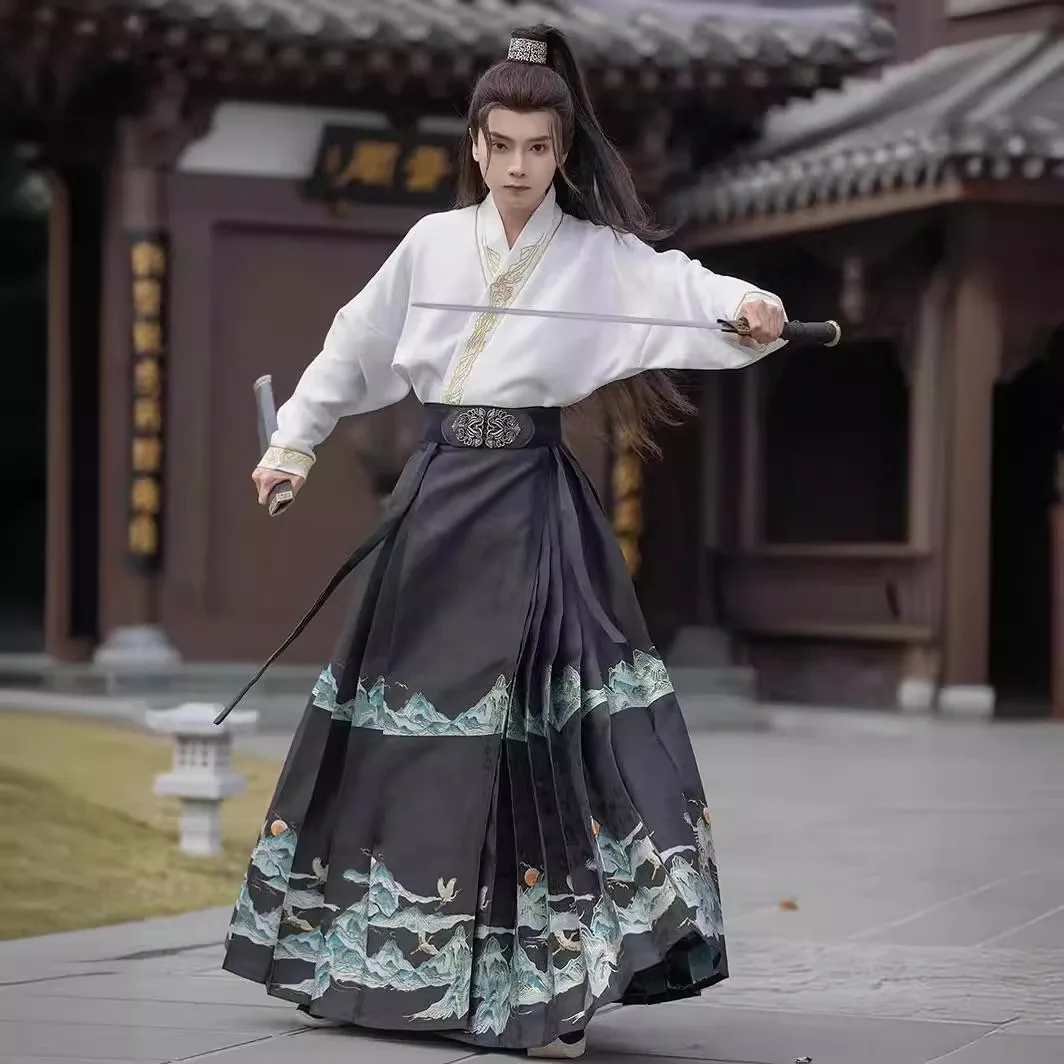 

Новая китайская одежда в стиле Мин для мужчин, парчовая юбка для макияжа с цветком и конским лицом, весна и осень