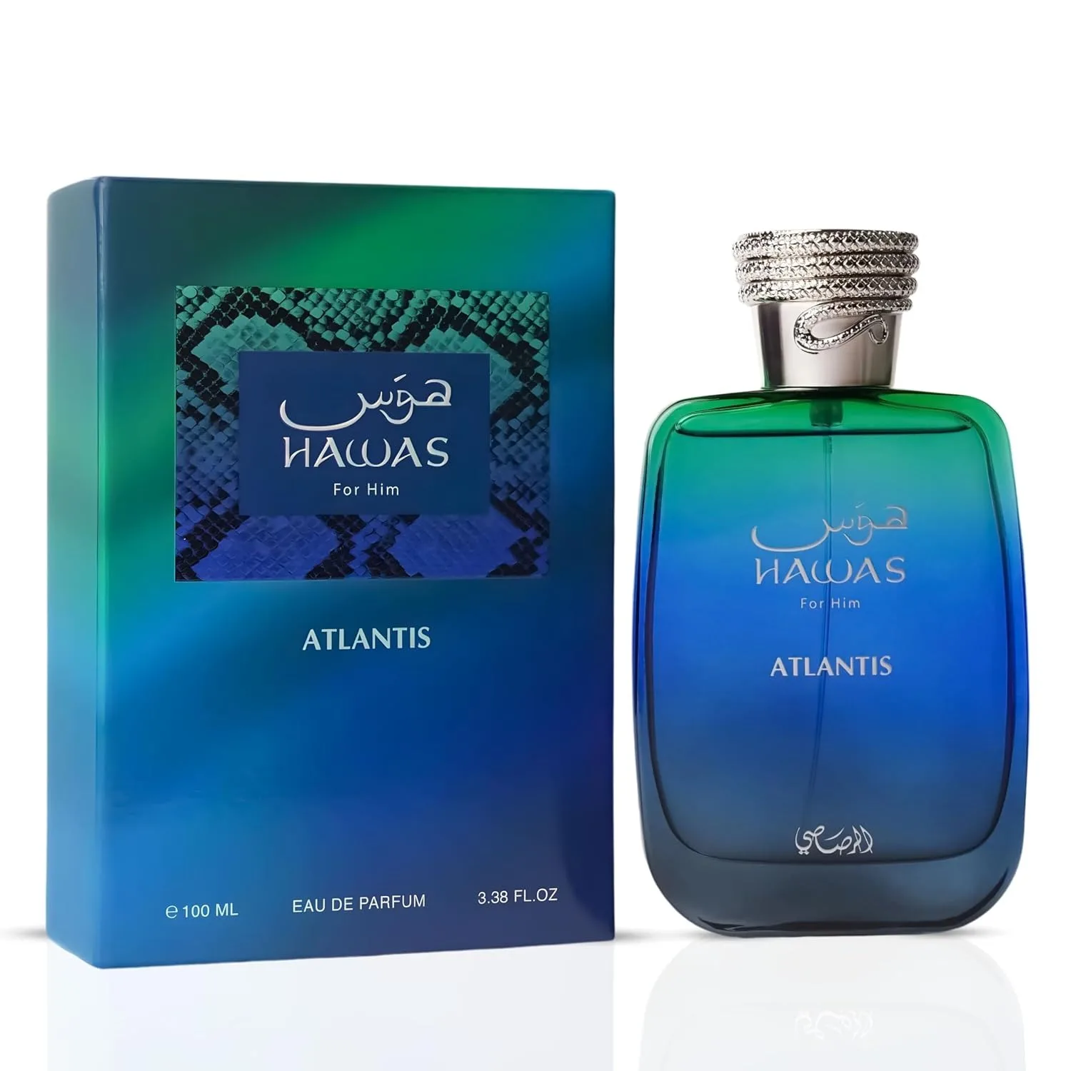RASASI Hawas Atlantis, 3.4 oz, Aroma Fresco, Notas de Limón, Manzana, Agua, Madera Flotante, Eau De Parfum para Hombre