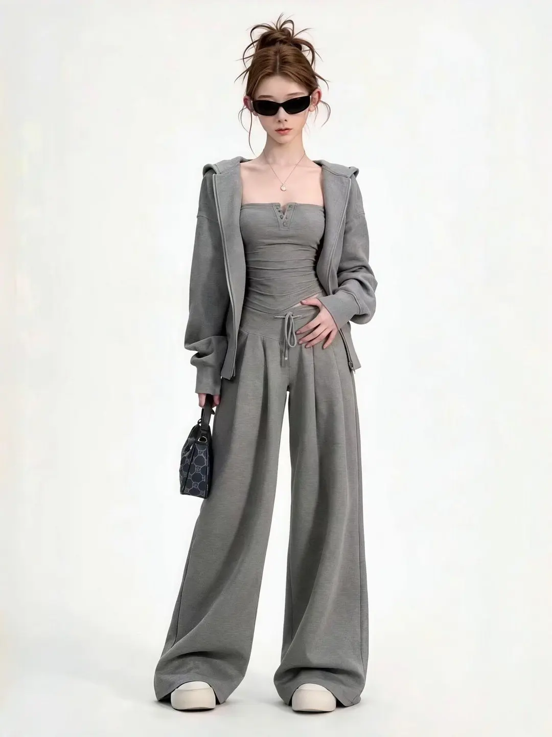plus Size Women's Grey Hooded Zipper Jacket with Camisole Inner Tank Top And High Waist Wide Leg Pants Three Piece Set