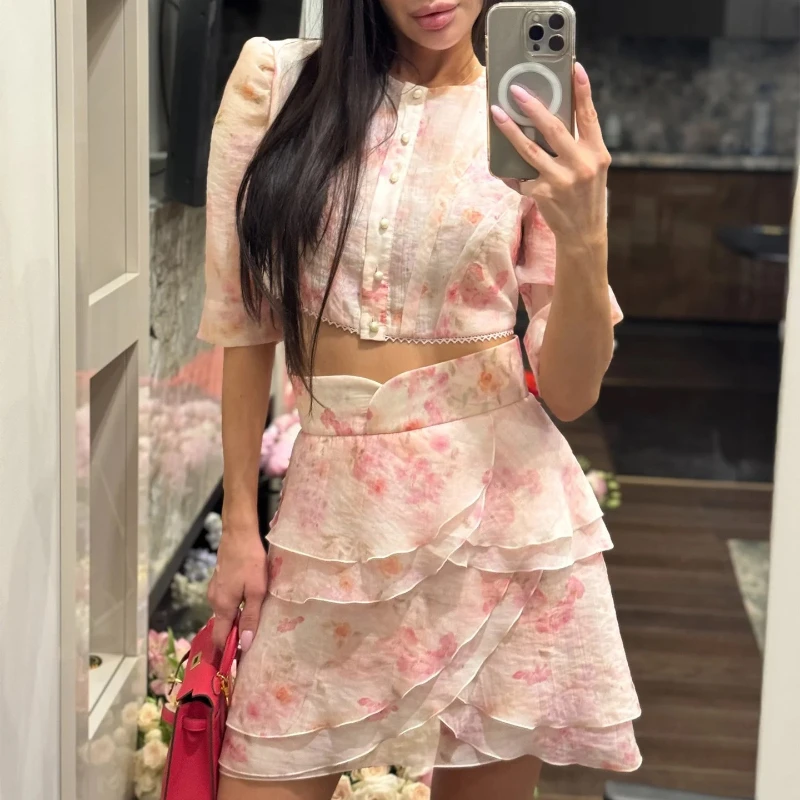 Tsiisd Women's Pink Floral Print 2 Piece Outfits Puff Sleeve Crop Top Layered Ruffle Mini Skirt Elegant Party Sets Female Outfit