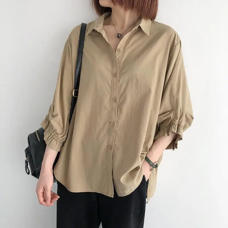 Einfarbiges Rüschenkanten-Laternenärmel-Oberteil mit Sieben-Viertel-Ärmeln Einreihiges Hemd Frühling Sommer Neue Koreanische Version Damen Locker Sitzende Übergrößen-Bluse – Detail 9
