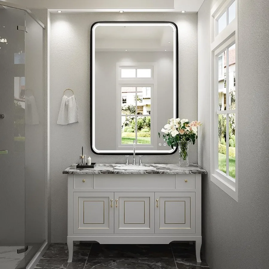 36x24 Inch LED Bathroom Mirror with Lights Metal Frame Mirror Wall Mounted Lighted Vanity Mirrors for Wall Anti Fog Bath Mirrors