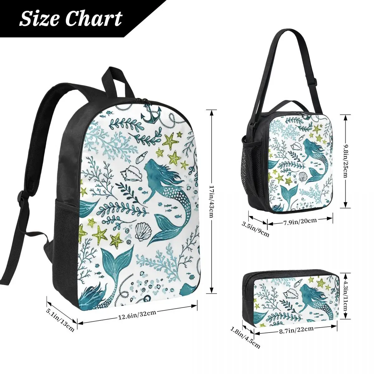 Mermaid Ocean Light Backpack Student BookBag School Bag Computer Shoulder Bags 3ps Insulated Lunch Bag Pencil Case