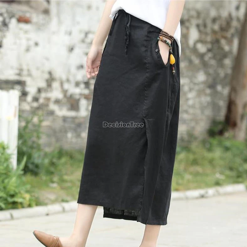 2024 Retro Chinese Katoenen Hennep Rok Vrouw Lente Zomer Lange Elastische Hoge Taille Losse Casual Half Rok Dames Lange Rok W338