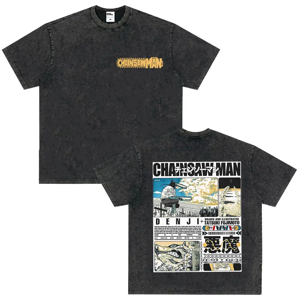 أنيمي بالمنشار رجل المستقبل الشيطان خمر غسلها تي شيرت للجنسين مانغا طباعة تي شيرتات قصيرة الاكمام الذكور القطن الخالص تيز الشارع الشهير #6