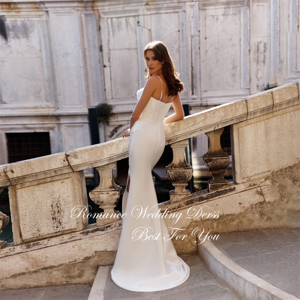 Eleganckie suknie ślubne w stylu syreny z plisami, na ramiączkach spaghetti, bez rękawów, z dekoltem w serce, odkrytymi plecami, wysokim rozcięciem, Vestidos De Novia, szyte na miarę.