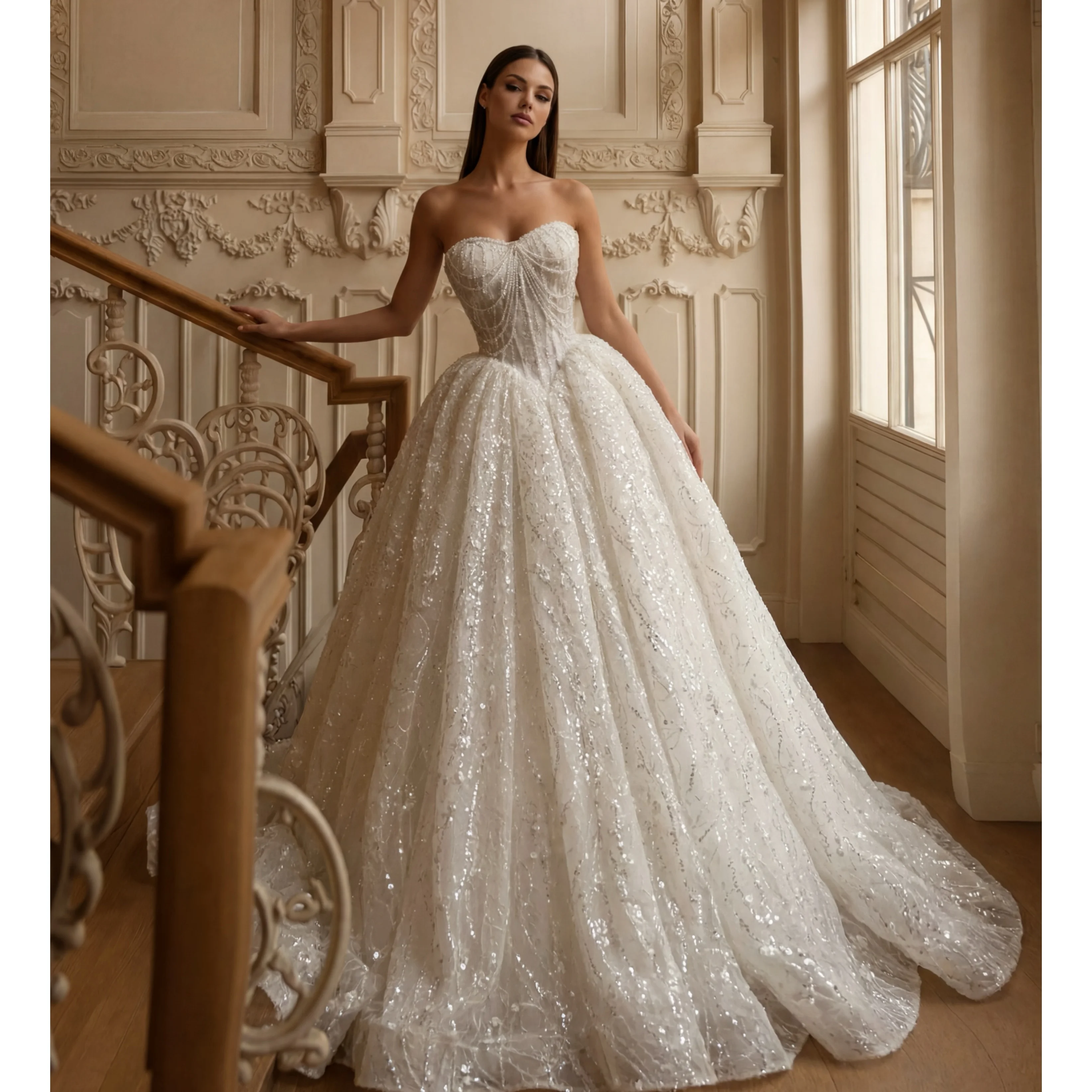 Maßgeschneidertes luxuriöses, glitzerndes Brautkleid im Sweetheart-Stil, trägerloses Ballkleid mit Perlen, eng anliegendem Korsett, Schleppe und Tüll
