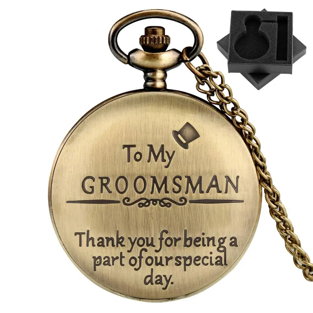 To My Groomsman Bronze Necklace Pocket Watch Black Fob Chain Pendant Pocket Clock Wedding Souvenir Vintage Timepiece Gift