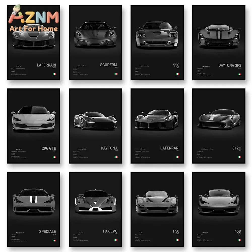 AZNM Ferrari Hypercar Canvas Wall Art Black White Italian Supercar Spec Poster Unframed Canvas Print for Garage Decor