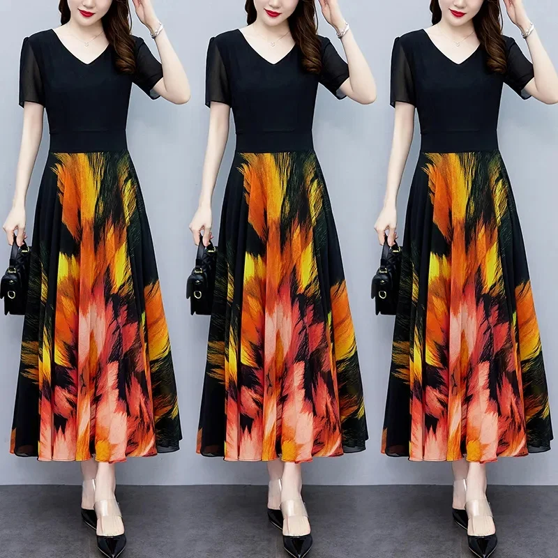 High-end Floral Chiffon Dress Long 2023 Summer New Big Size Fat MM Waist Slimming Belly Cover Skirt