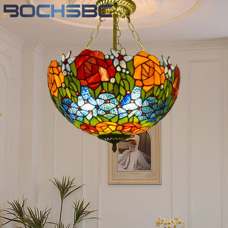 BOCHSBC Tiffany style Stained glass Rose pattern hummingbird inverted pendant light Dining Room Living room bedroom aisle decor