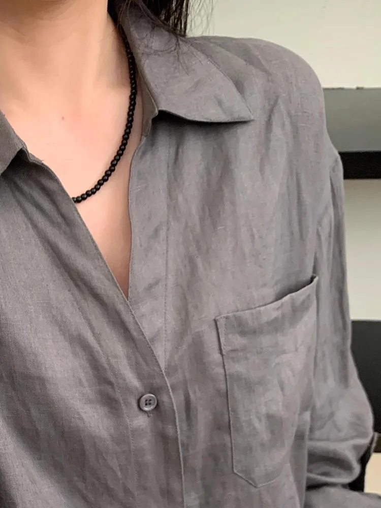 High Intelligence Sensation Grey Linen Sun Protection Shirt Women's Vintage Collar Spring Fashionable Loose Fit Long Sleeve