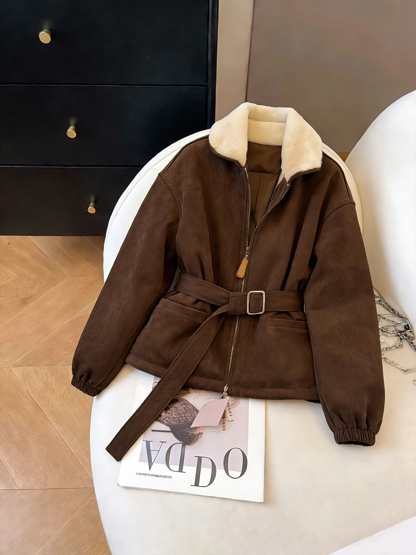 

Retro Splicing Color Blo Collar Suede Jaet Women's Spring Autumn Loose Fit Jaet Top Polyester Fiber Stand Edition