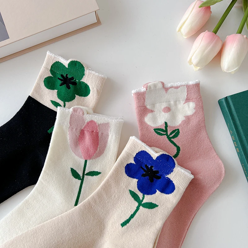 Japanese Korean Style Women Crew Socks Spring Autumn Candy Color Cute Cartoon Flower Harajuku Kawaii Casual Floral Mid Tube Sock